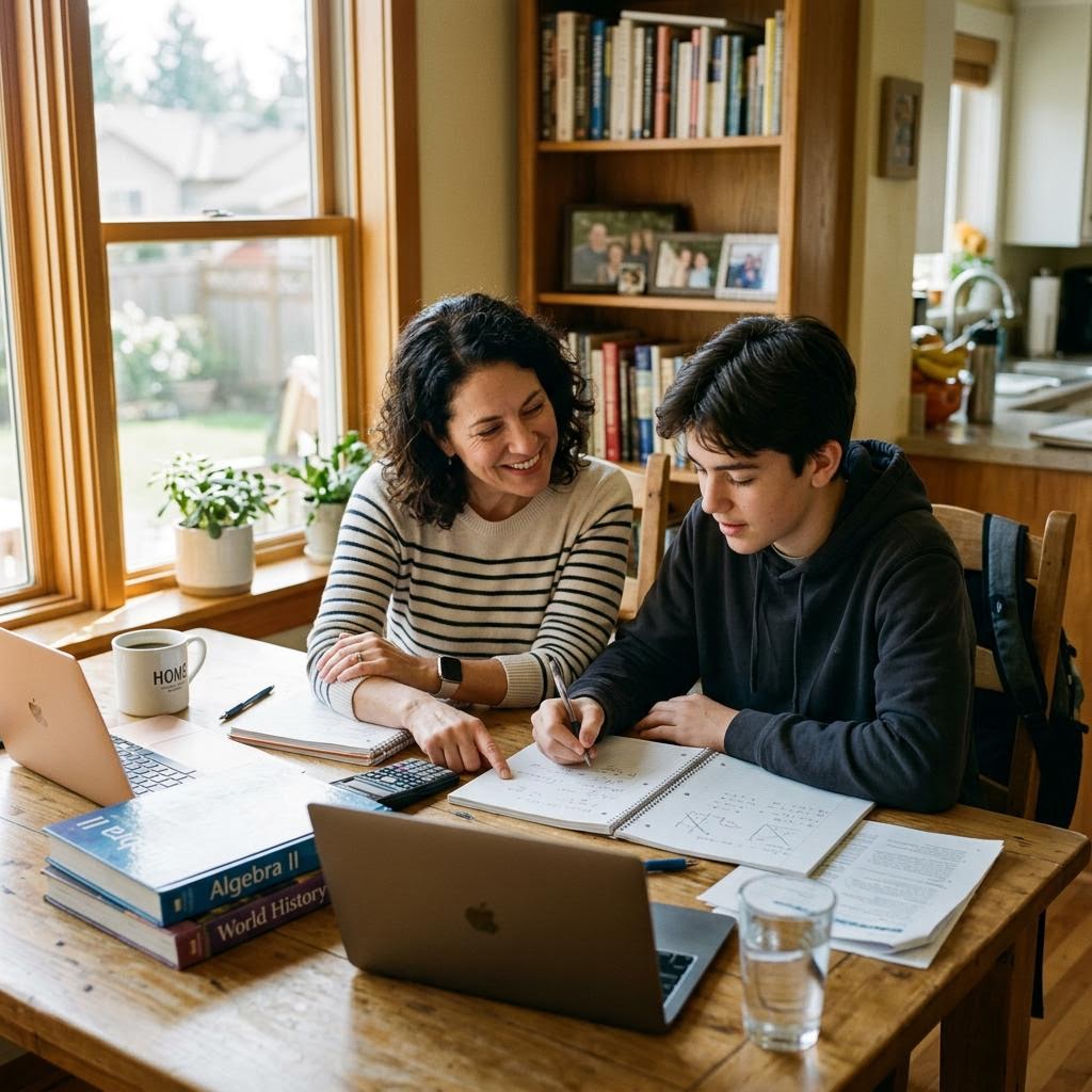 Un parent aide un adolescent à faire ses devoirs de mathématiques à la table de la cuisine.