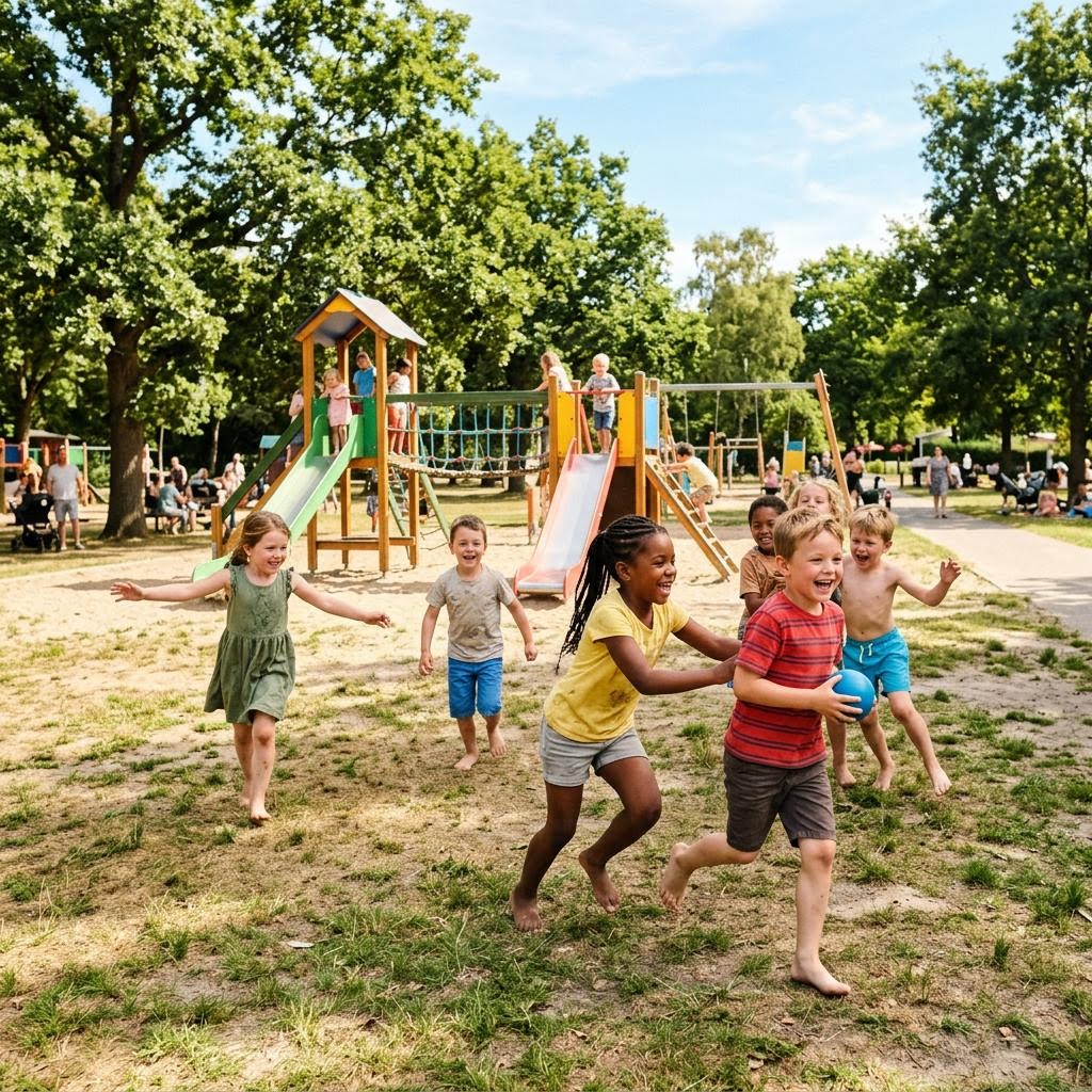 Des enfants courent et jouent ensemble avec un ballon dans une aire de jeux extérieure.