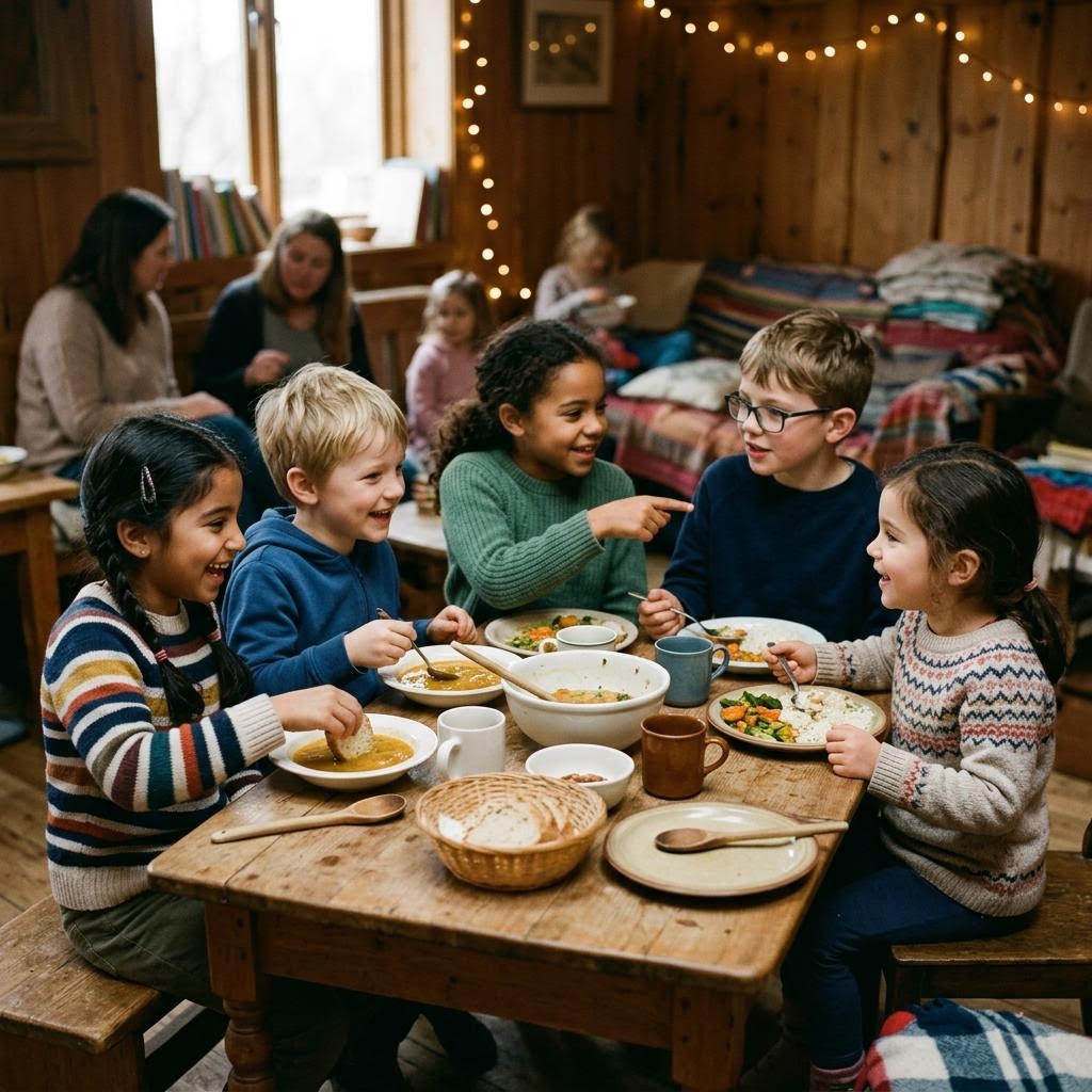 Un groupe d'enfants partage un repas convivial autour d'une table, dans une ambiance chaleureuse.